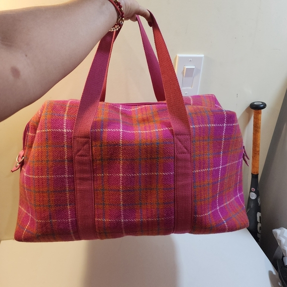 NESS Authentic Tweed Large Pink and Orange Travel Bag with Plaid Design - Picture 4 of 12